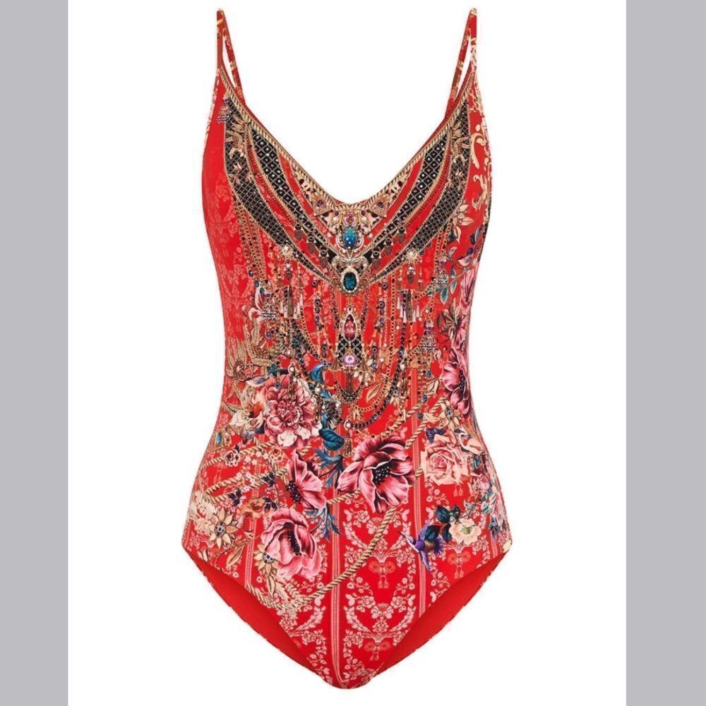 NWT Camilla Crystal V-Neck Red Wired One-piece And The Queen Wore Red
